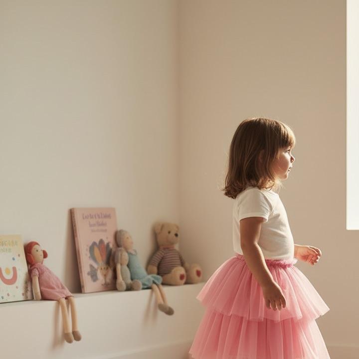 Child in a pink skirt standing in a room with toys and books on a shelf.
