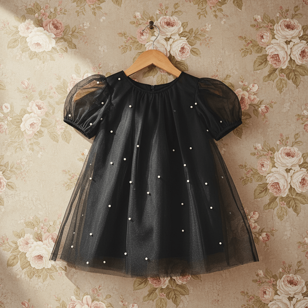 navy blue dress for baby girl FAUX PEARL DECOR A-LINE DRESS｜Motf main image 1