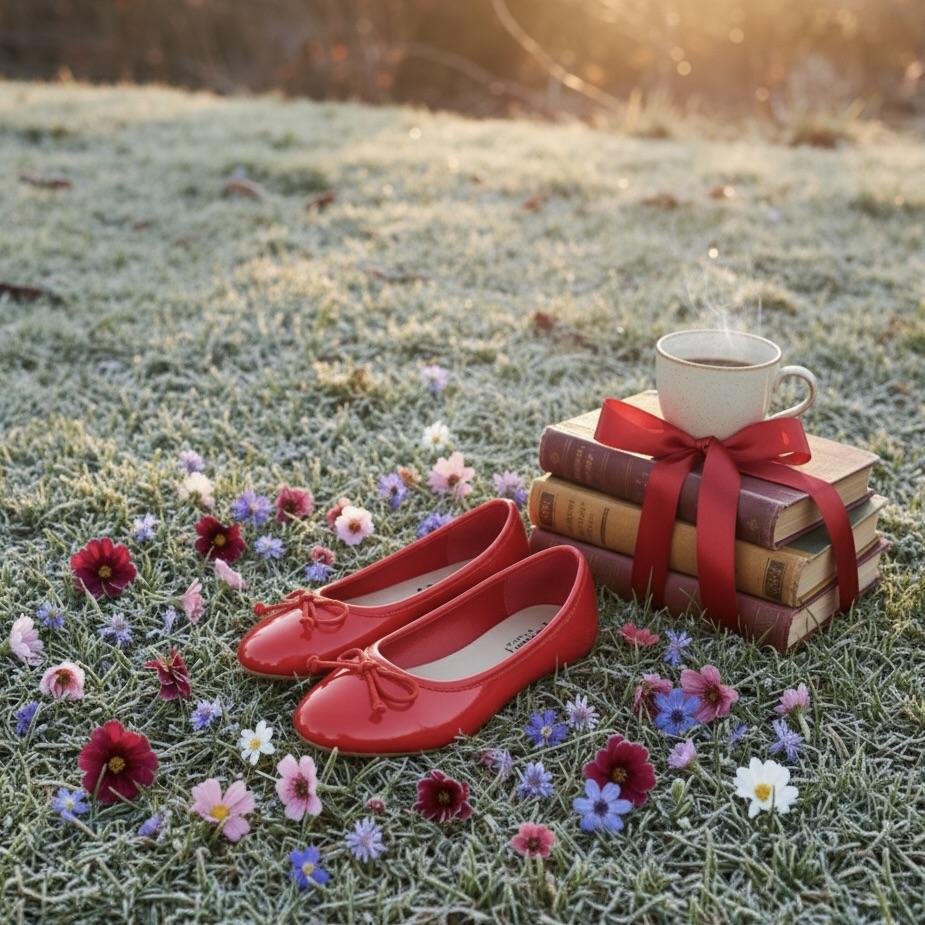 Red shoes, a stack of books with a cup of coffee and red ribbon, on a frosty grass background.