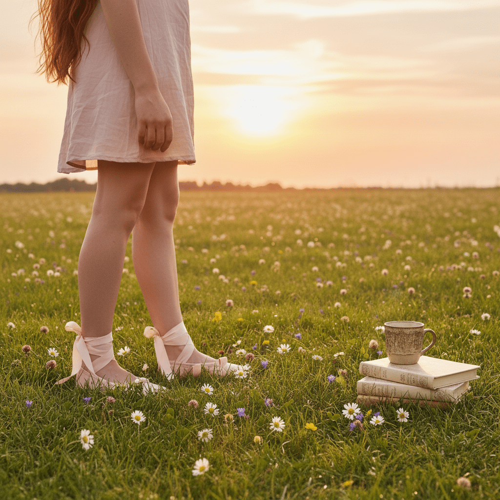 Person standing in a field with a sunset, books, and a mug.