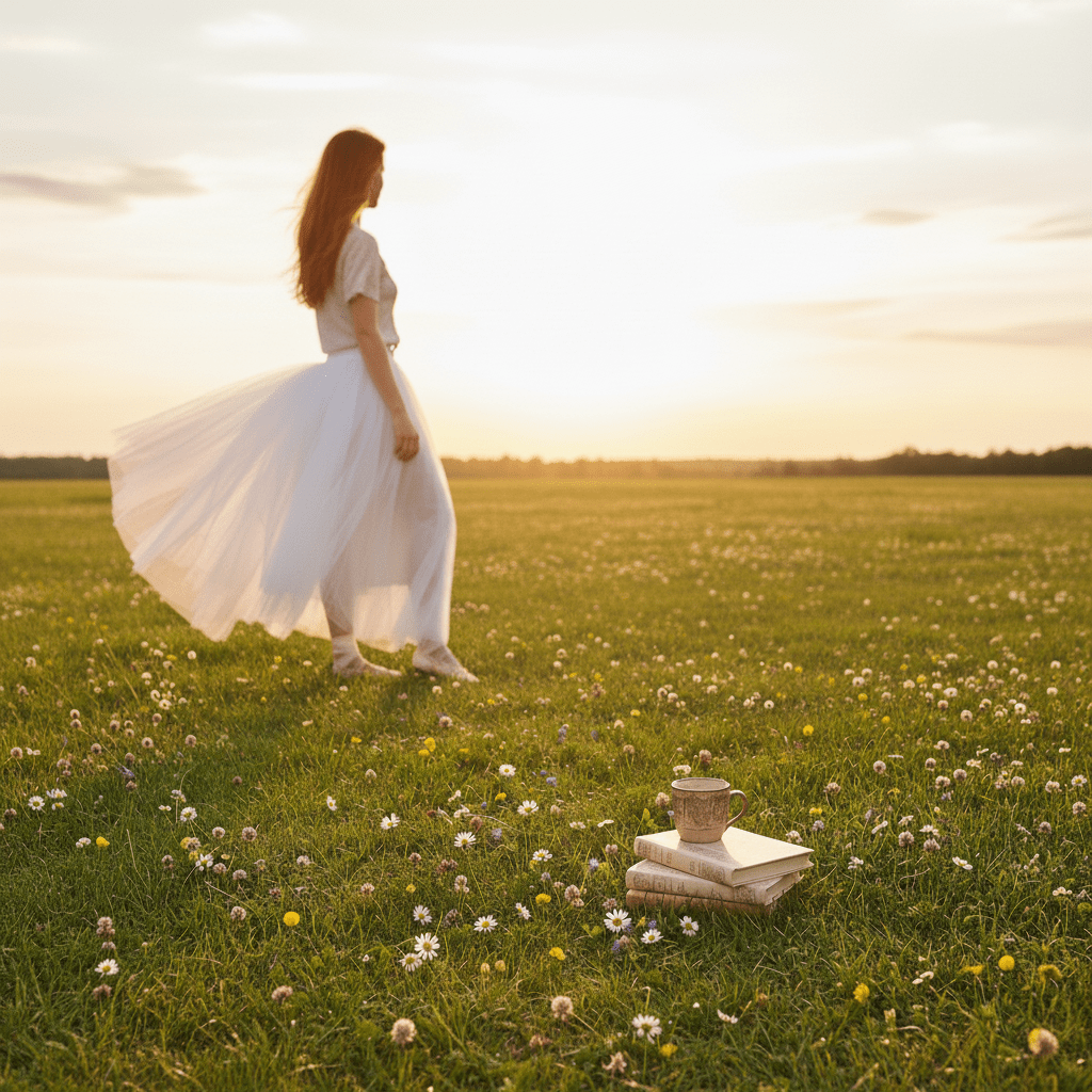 Woman in a white dress standing in a field with a sunset, books, and a basket.