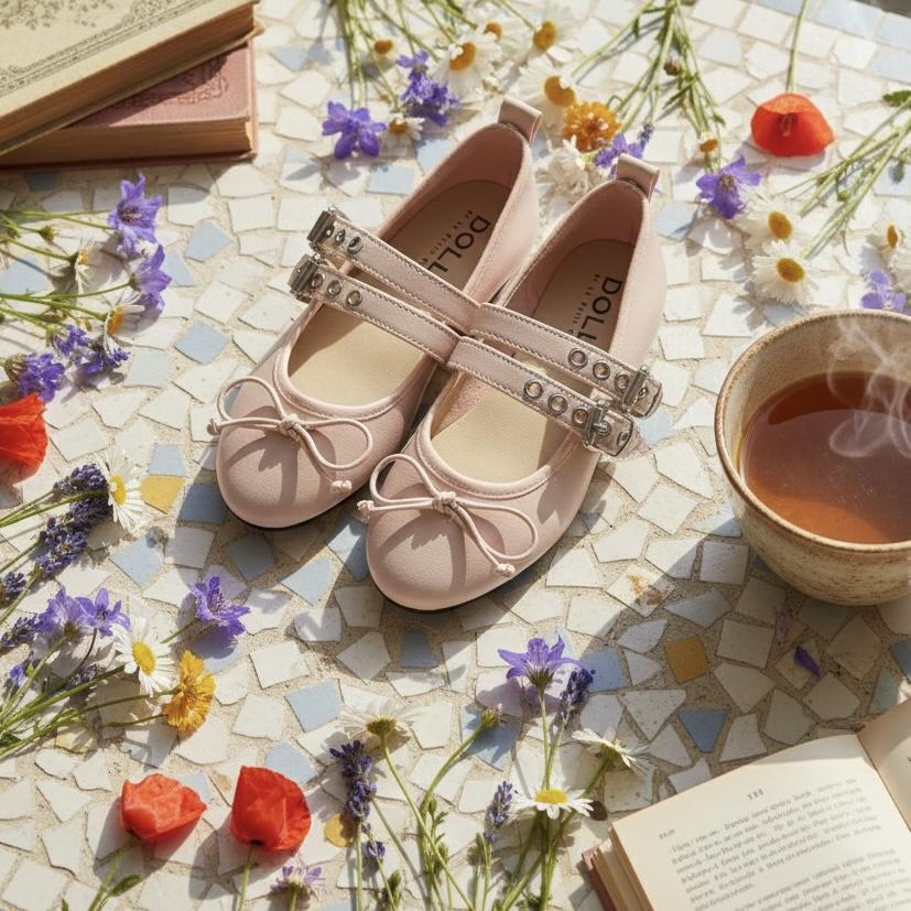 Pink shoes with decorative straps on a mosaic tile surface with flowers and a cup of tea.