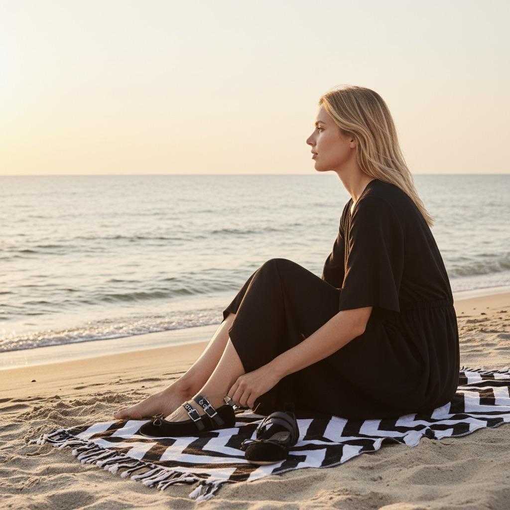 Woman sitting on a black and white striped towel at the beach