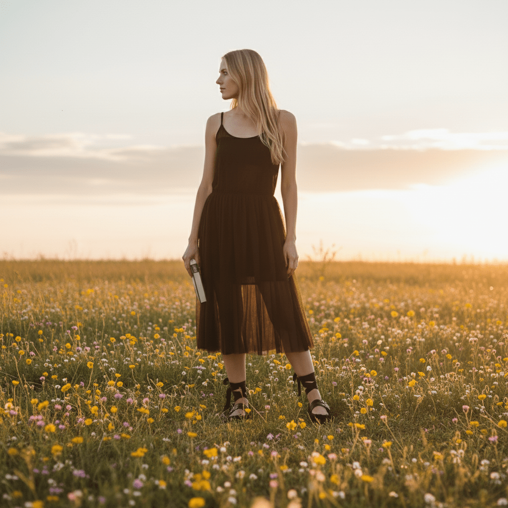 Woman in a black dress standing in a field of flowers at sunset