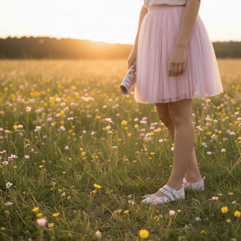 Person in a pink skirt standing in a field of flowers at sunset