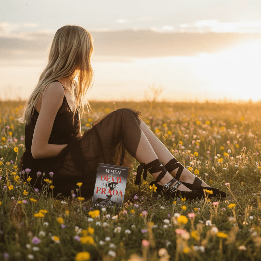 Woman sitting in a field of flowers with a book titled 'When the Devil Wears Prada' at sunset.
