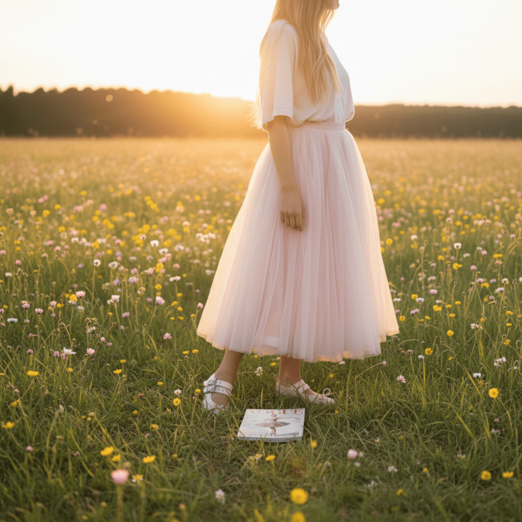 Woman in a white dress standing in a field of flowers with a book at sunset.