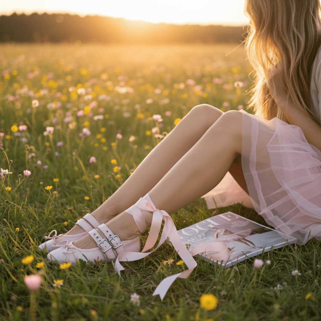 Woman in white dress and shoes sitting on a book in a field at sunset