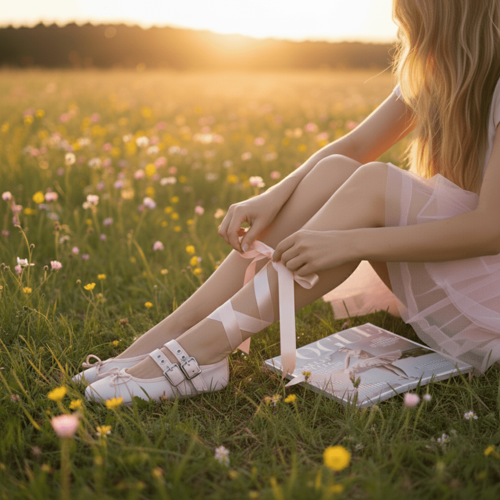 Woman sitting in a field of flowers at sunset, tying her shoe.