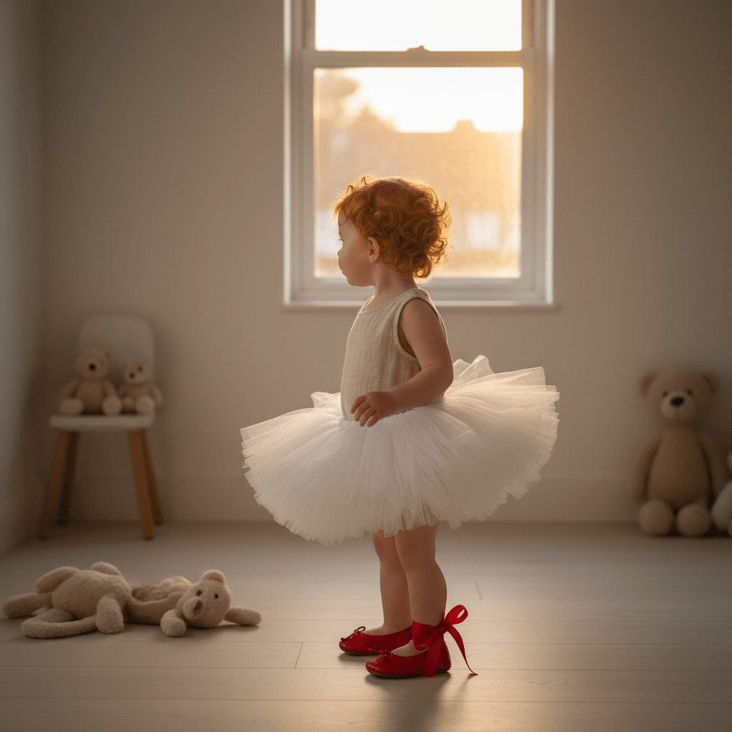 Child in a white tutu and red shoes standing in a softly lit room with teddy bears.