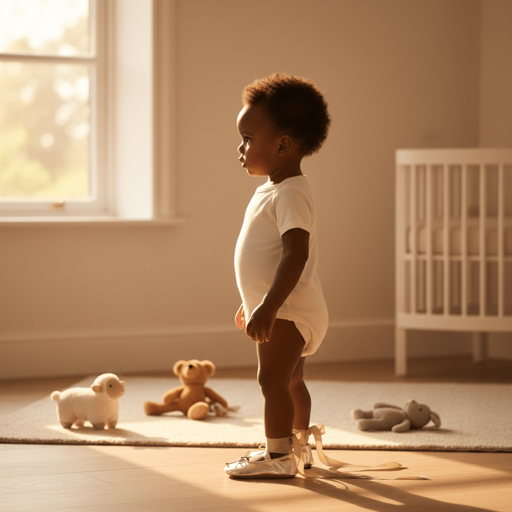 Child standing in a nursery with toys on the floor