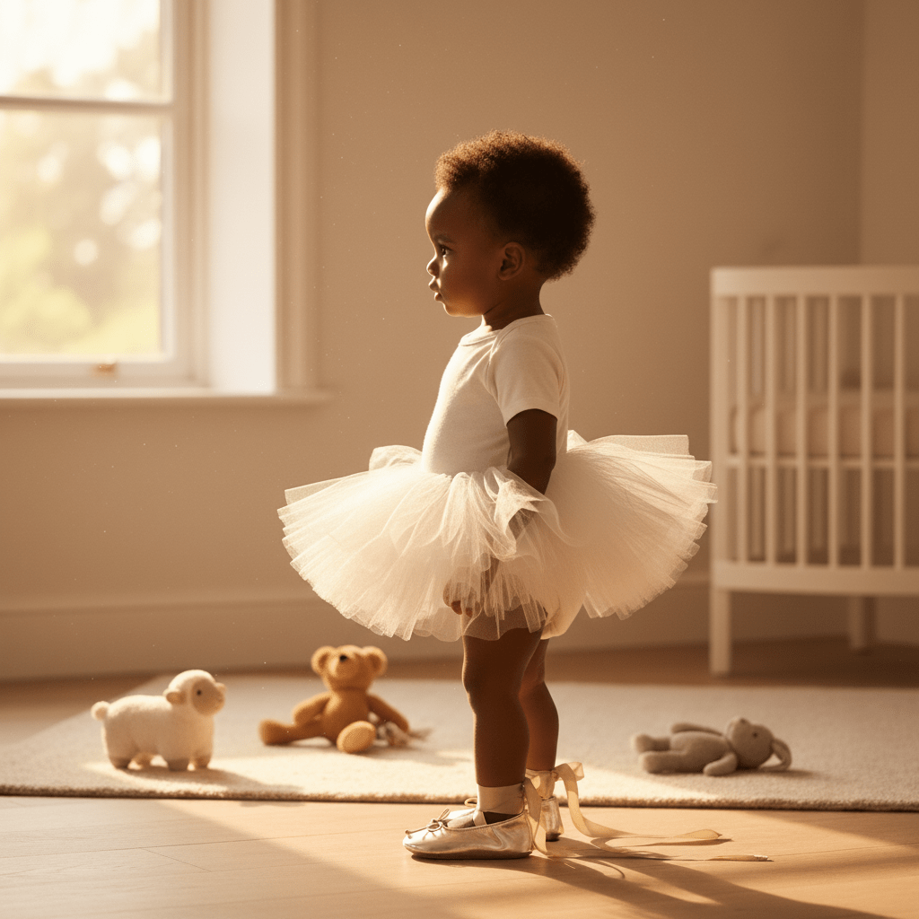 Child in a white tutu standing in a sunlit nursery with toys on the floor.