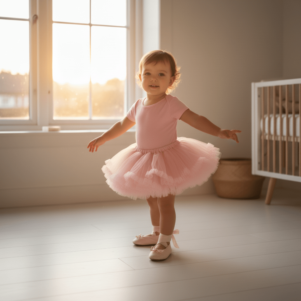 Child in a pink ballet outfit and pink baby ballerinas and pinstanding in a bright room with a crib in the background.