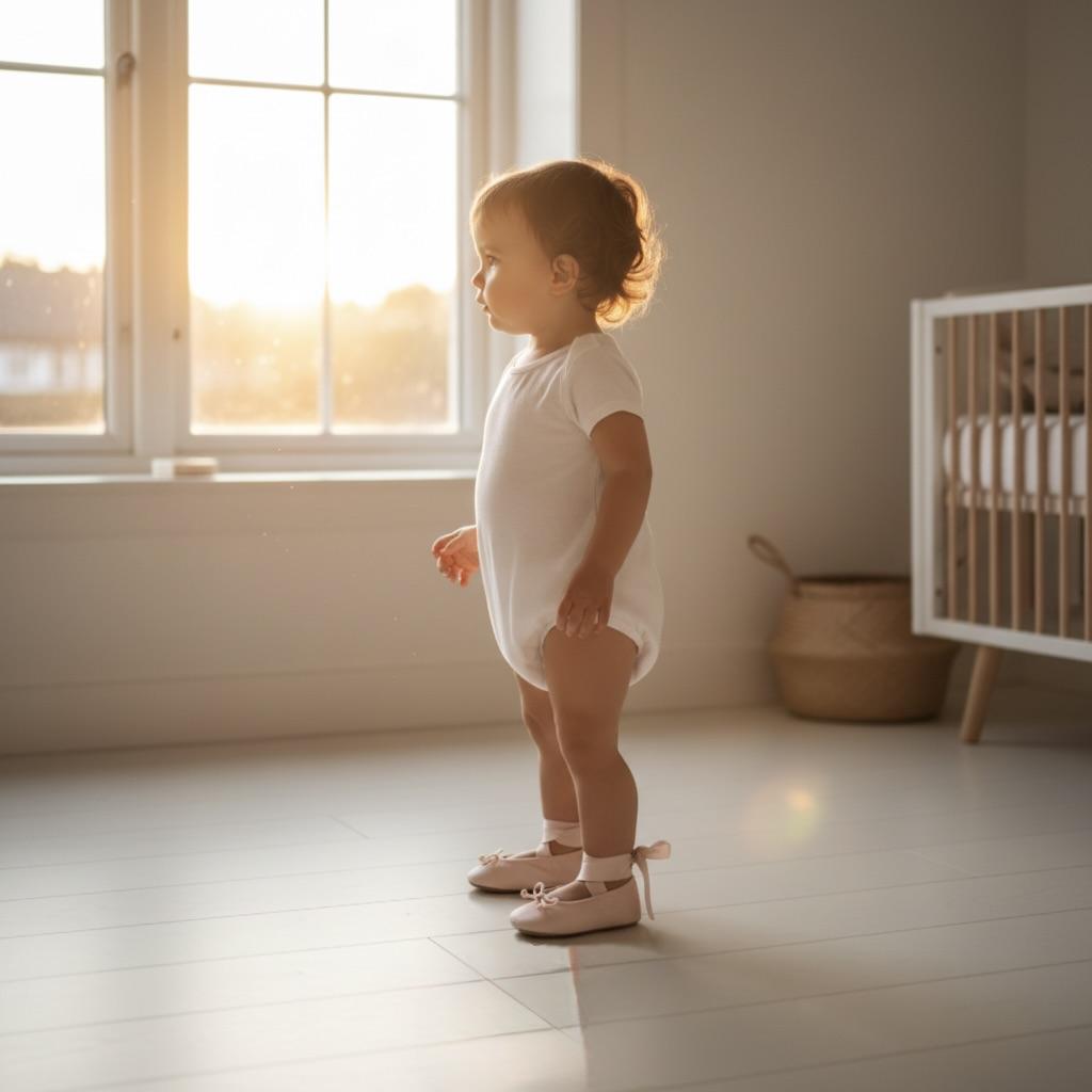 Child standing in a softly lit room with a pink baby ballerina shoes and a crib in the background