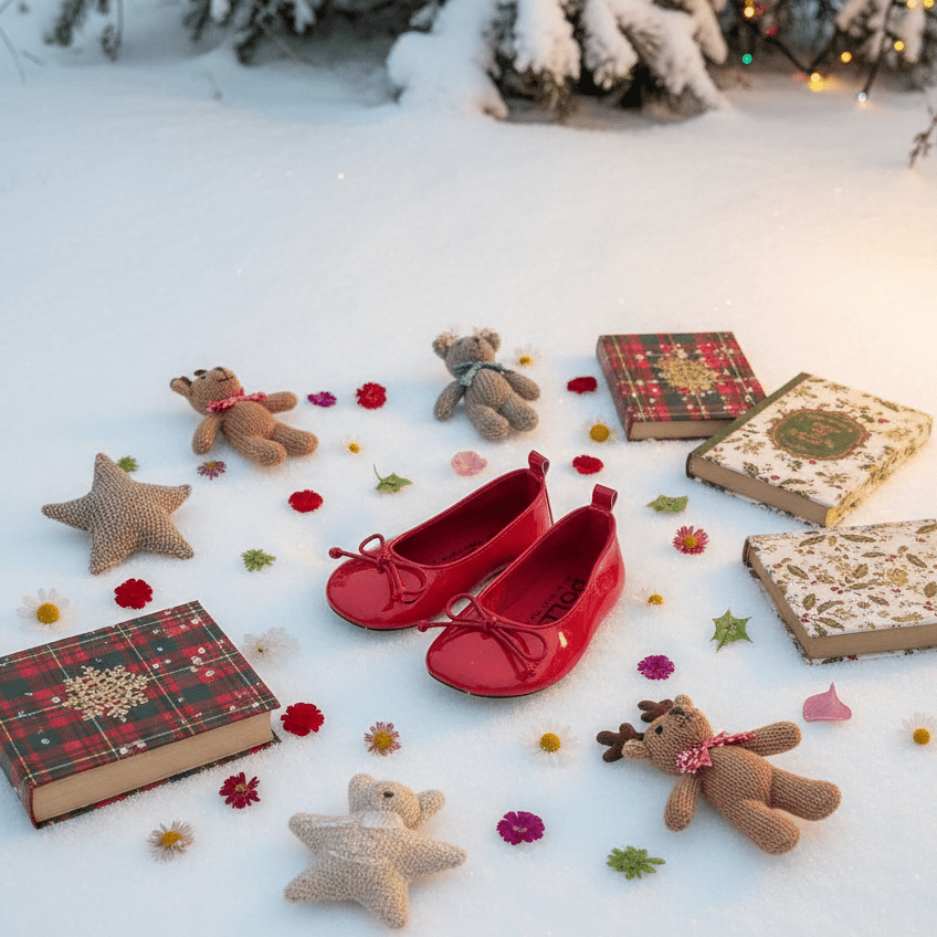 Red shoes on a snowy ground with teddy bears, books, and decorative items.