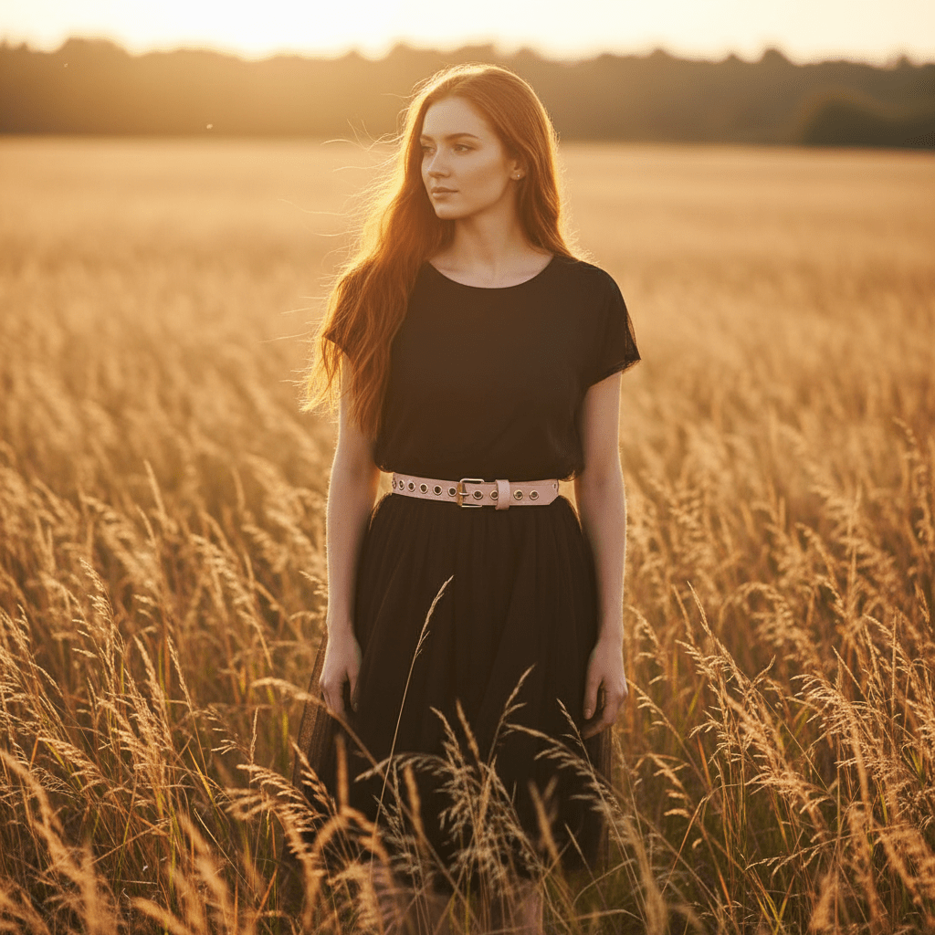 Woman in a black dress standing in a field of tall grass during sunset.