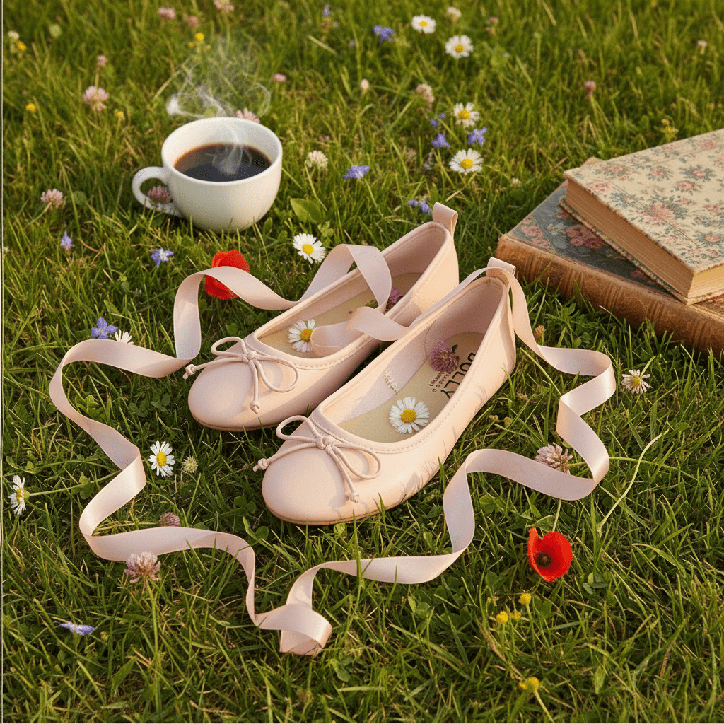 Pink ballet flats with ribbons on grass next to a cup of coffee and book