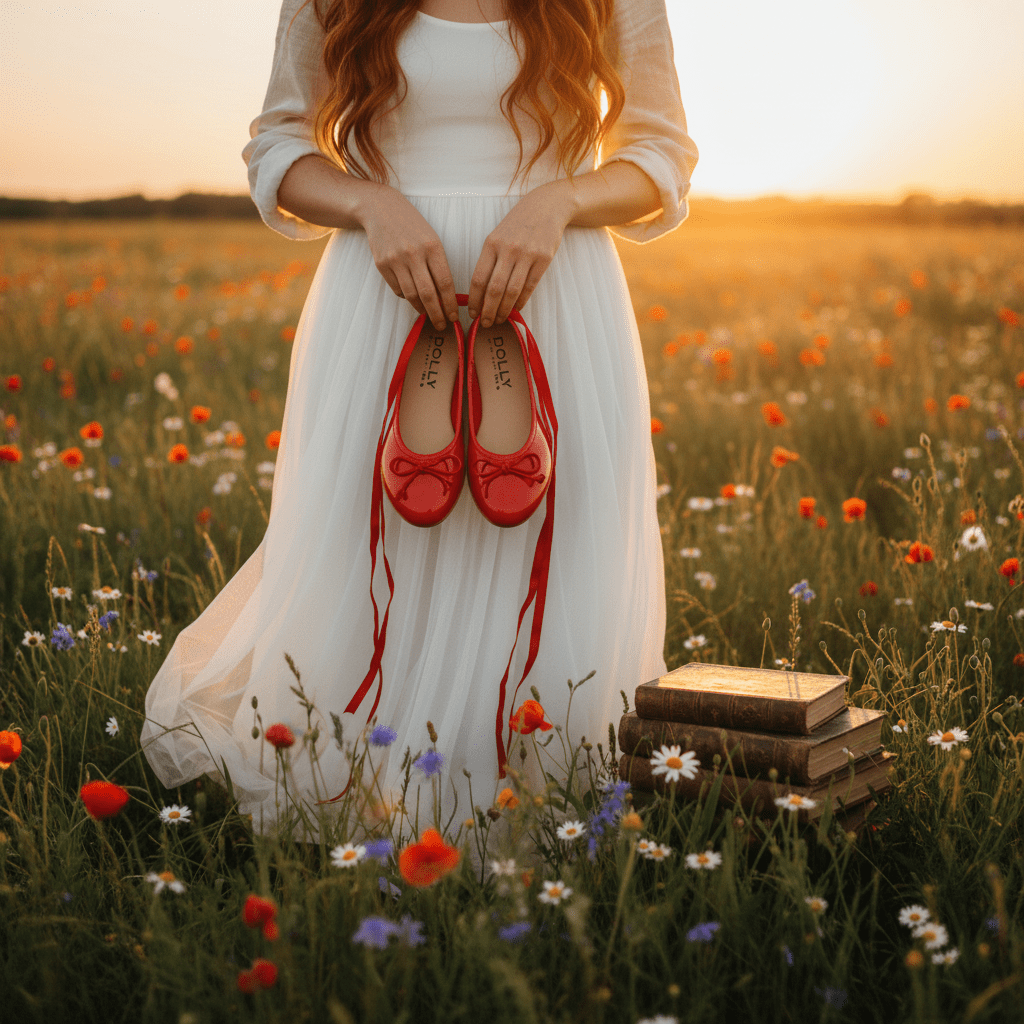 Woman in a white dress holding red shoes in a field of flowers at sunset