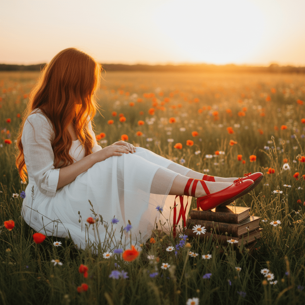 Woman in a white dress with red shoes sitting on books in a field of flowers at sunset.