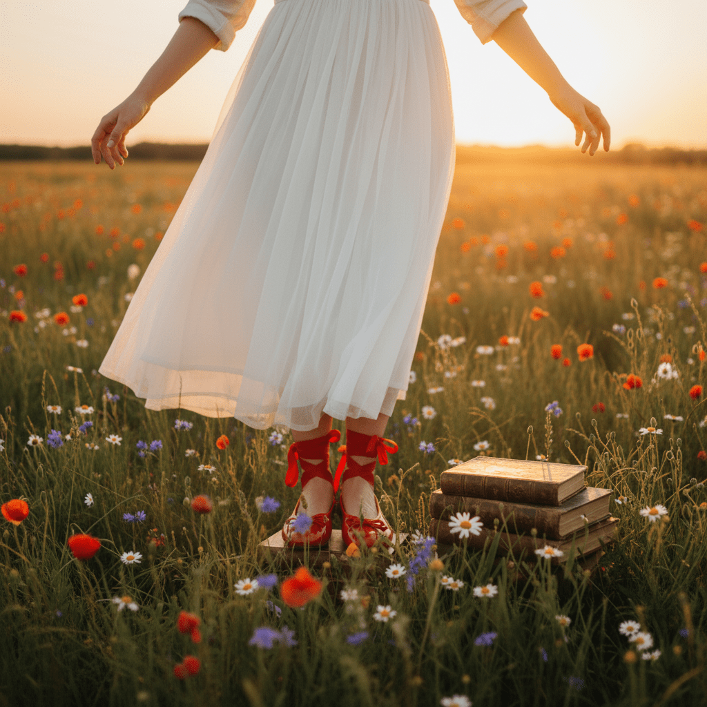 Person in a white dress standing in a field of flowers with a stack of books.
