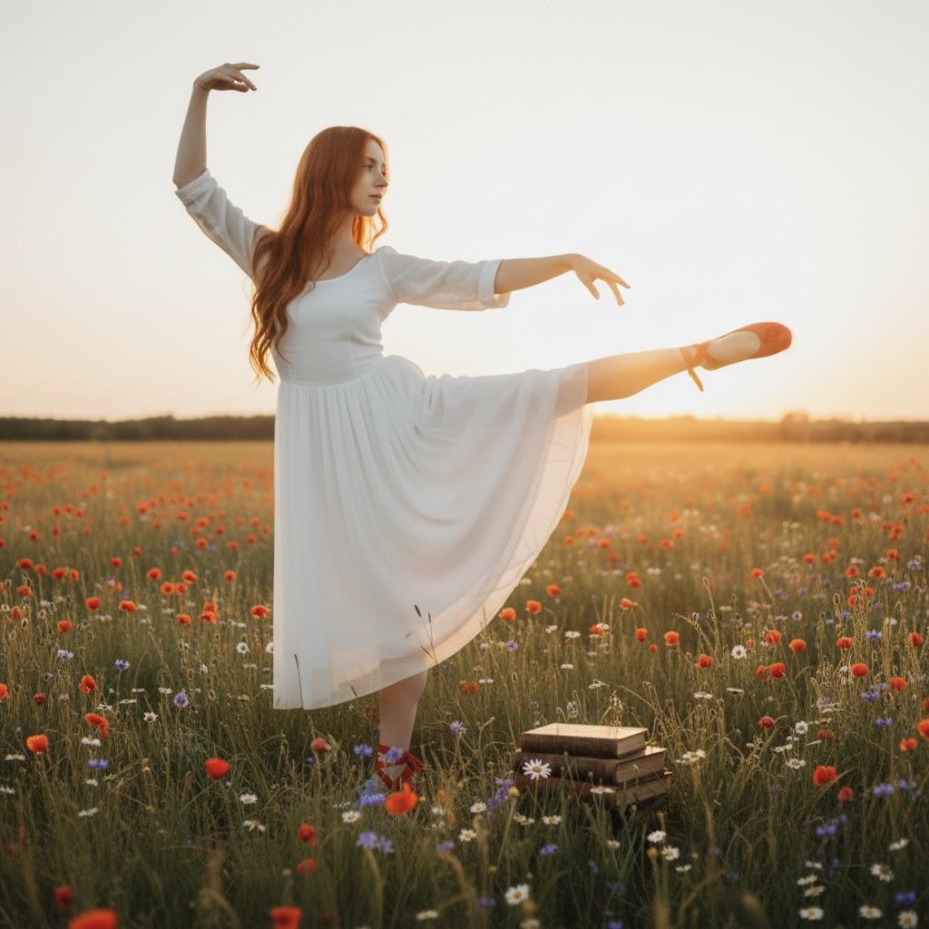 Woman in a white dress dancing in a field of flowers at sunset