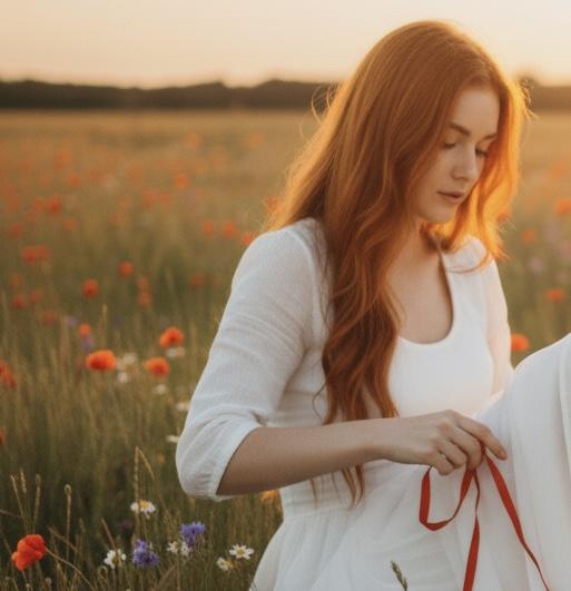 Woman in a white dress standing in a field of flowers at sunset
