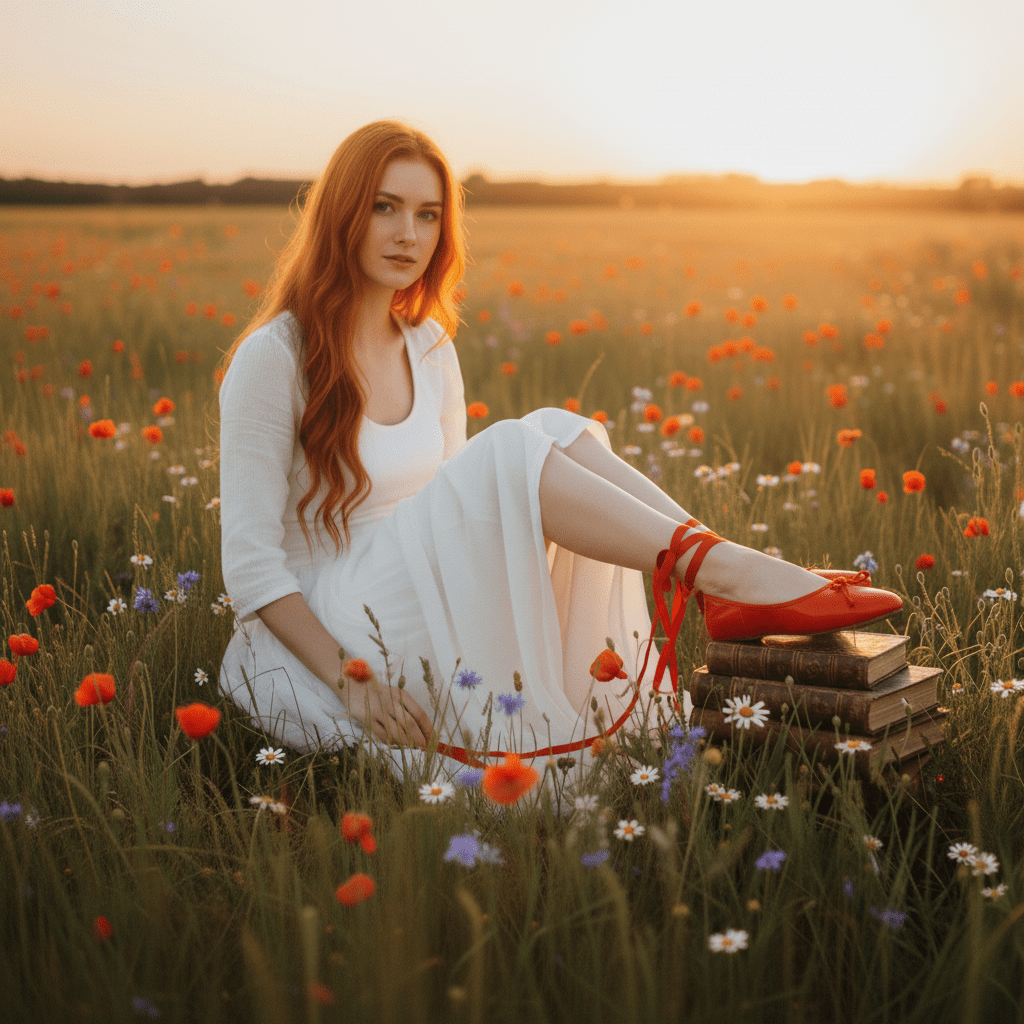 Woman in a white dress with red shoes sitting on books in a field of flowers at sunset.