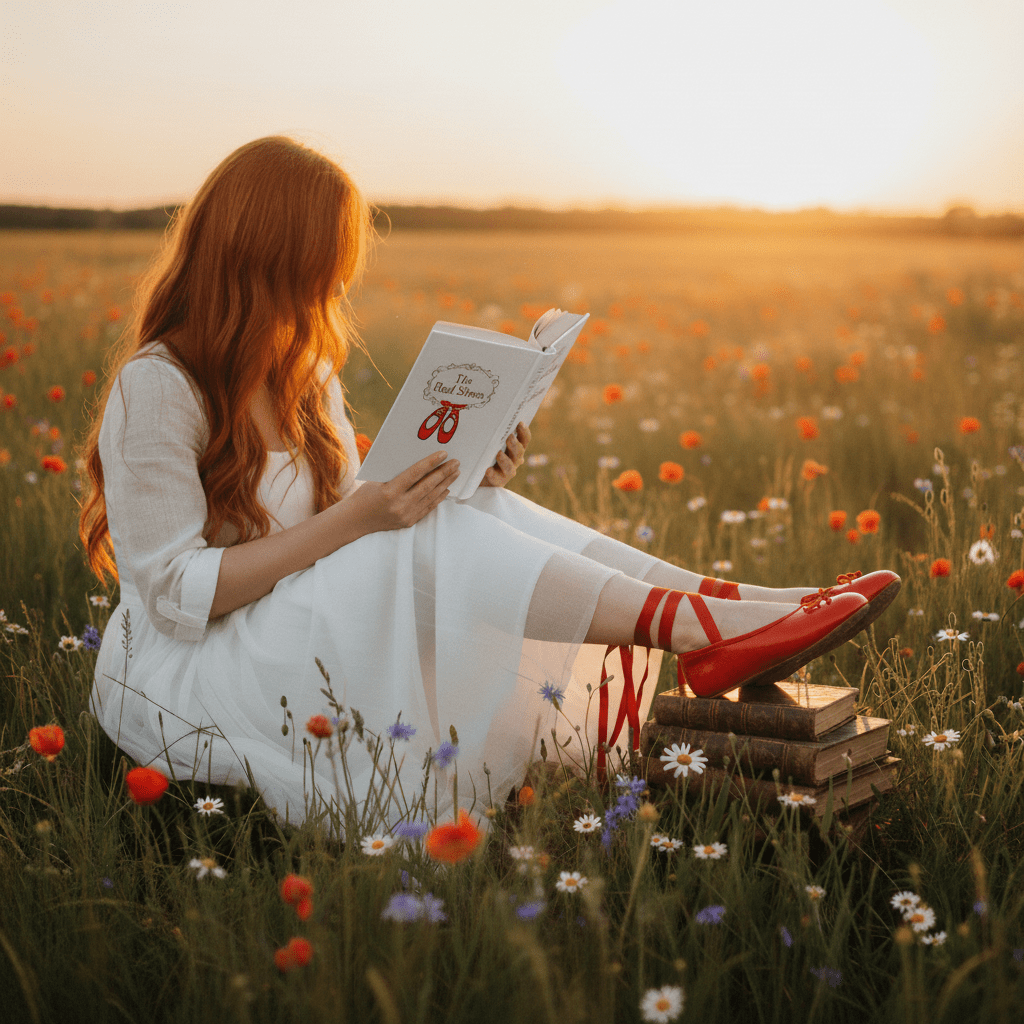 Woman reading a book in a field of flowers at sunset