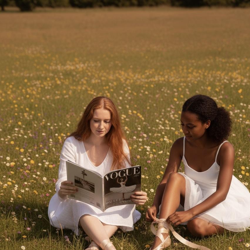 Two women in white dresses sitting in a field, one reading a Vogue magazine.