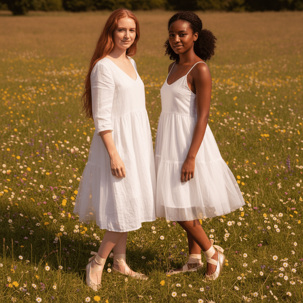 Two women in white dresses standing in a field of wildflowers.
