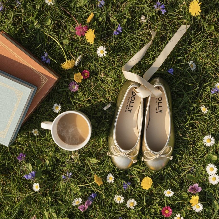 Gold shoes with white ribbons on grass with flowers and a book