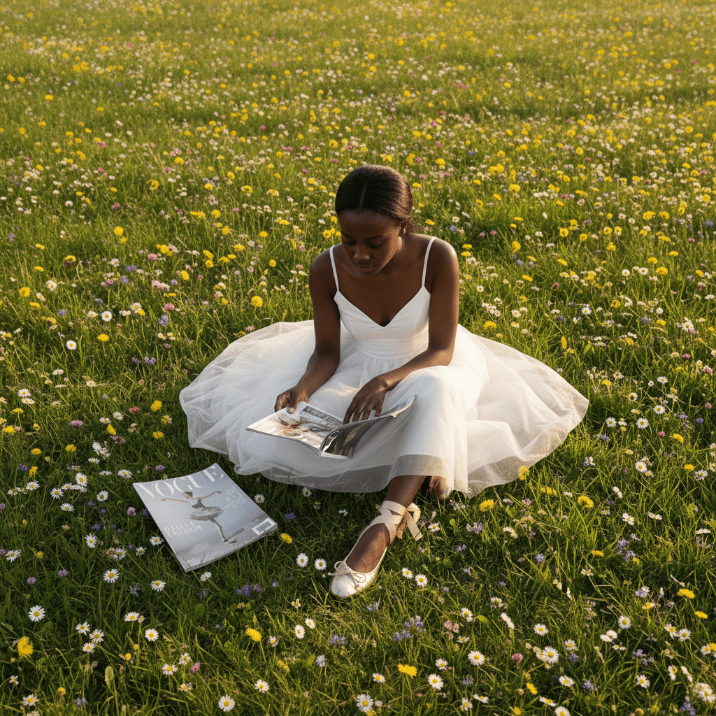 Woman in a white dress sitting in a field of flowers reading a magazine.
