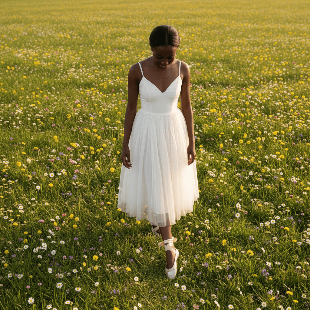 Woman in a white dress walking through a field of wildflowers