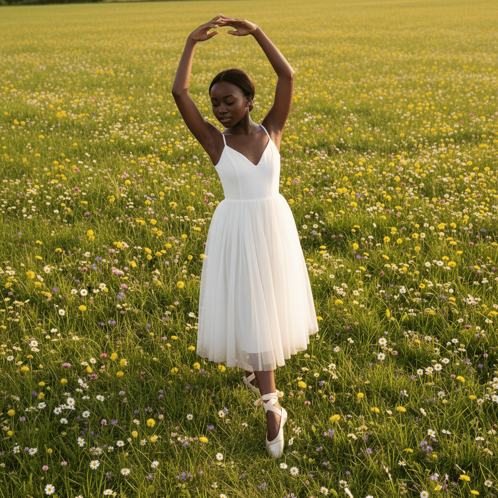 Woman in a white dress standing in a field of wildflowers