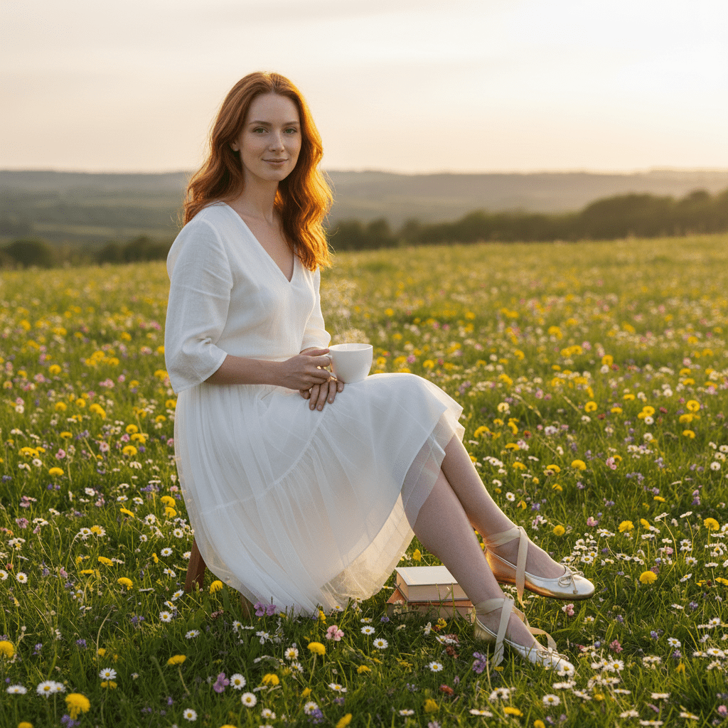 Woman in a white dress sitting in a field of flowers at sunset