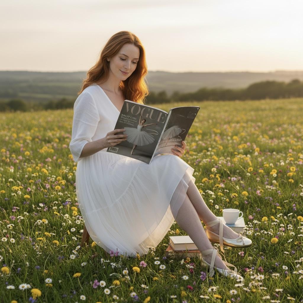 Woman in a white dress reading a magazine in a field of flowers
