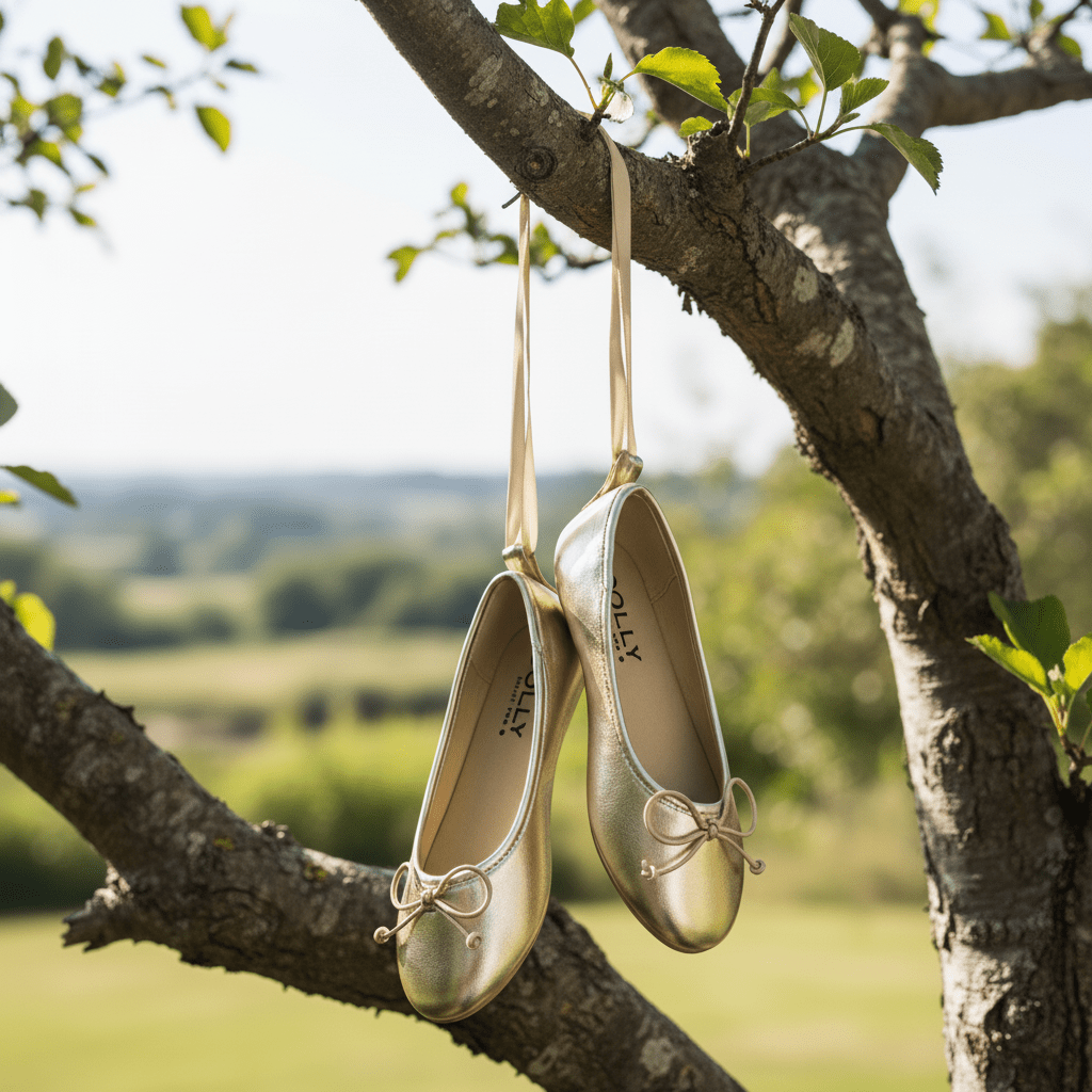 Gold shoes with bow ties hanging from a tree branch in a natural setting
