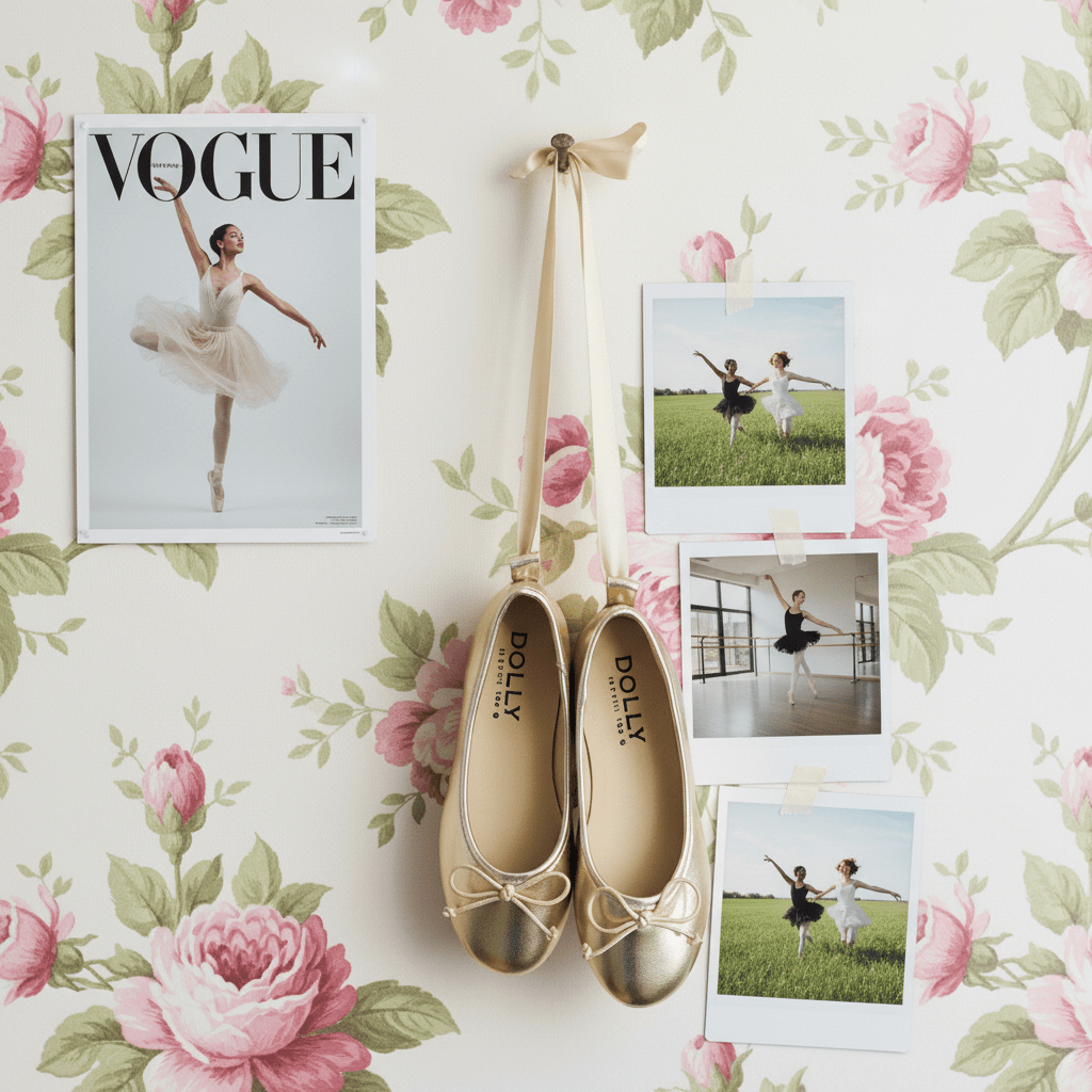 Gold flats with a ribbon, Vogue magazine, and ballet-themed photos on floral wallpaper.