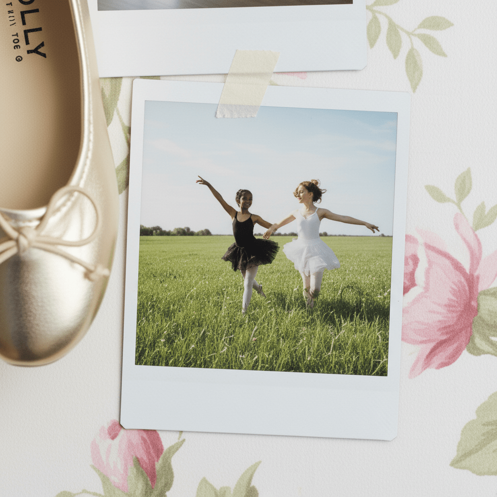 Polaroid photo of two dancers in a field with a ballet shoe and floral elements.