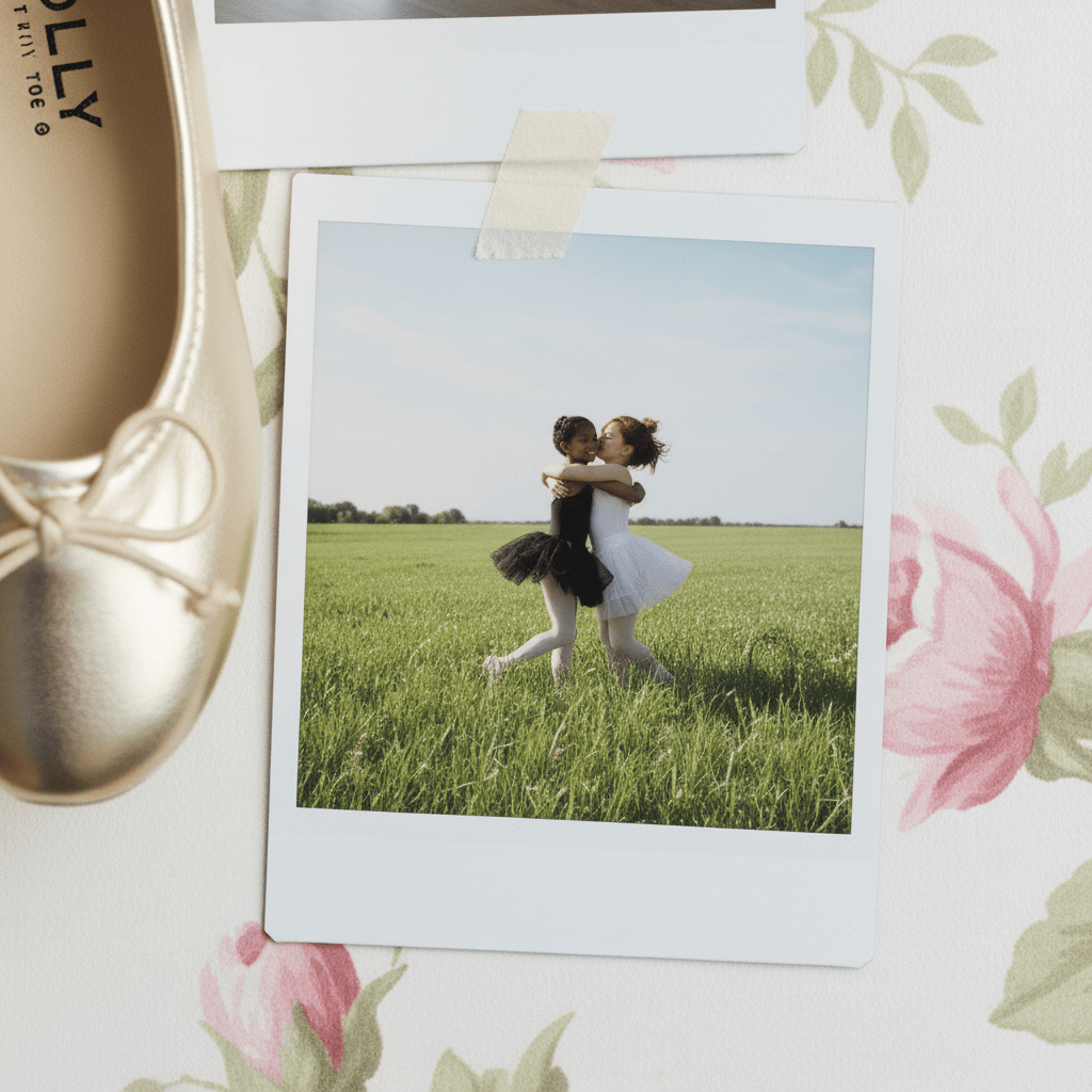 Polaroid photo of two people hugging in a field with a shoe and floral elements in the background.