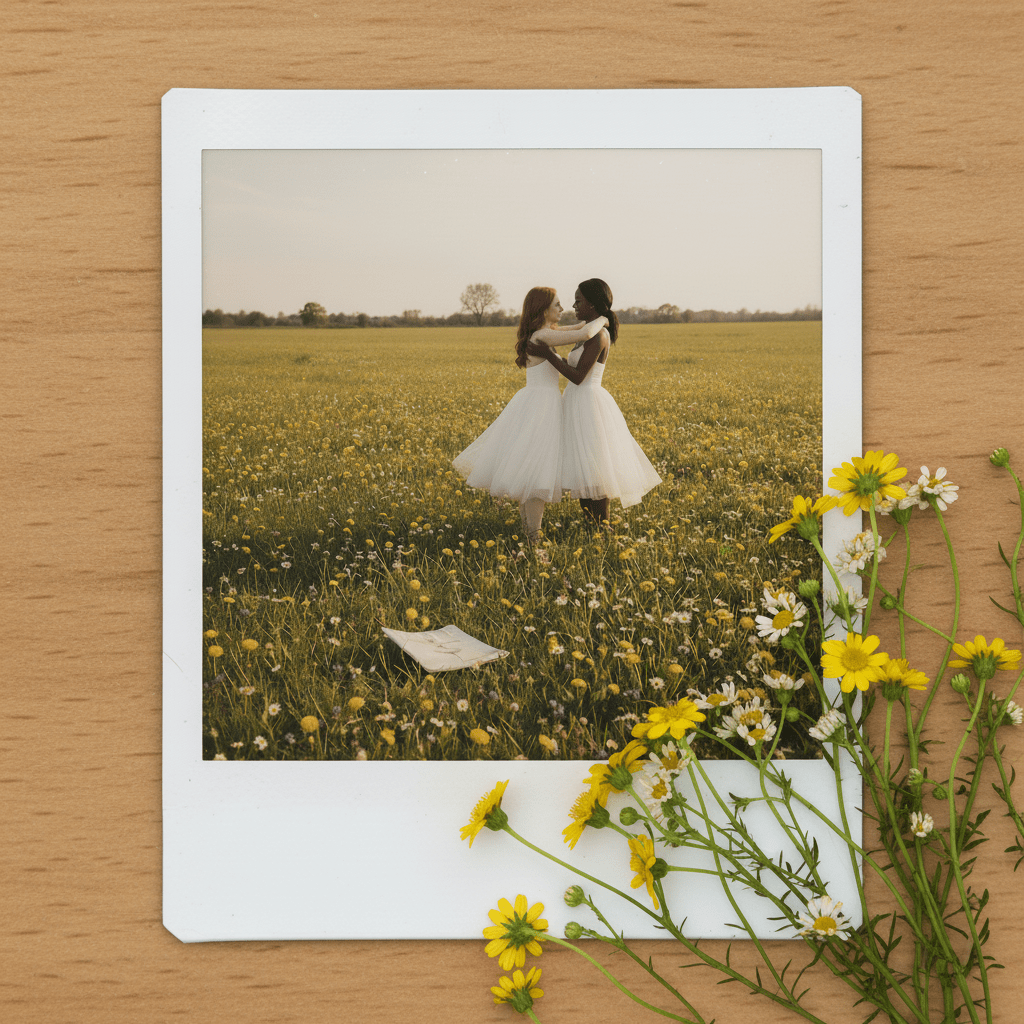 Two people embracing in a field of yellow flowers with a photo frame on a wooden surface.