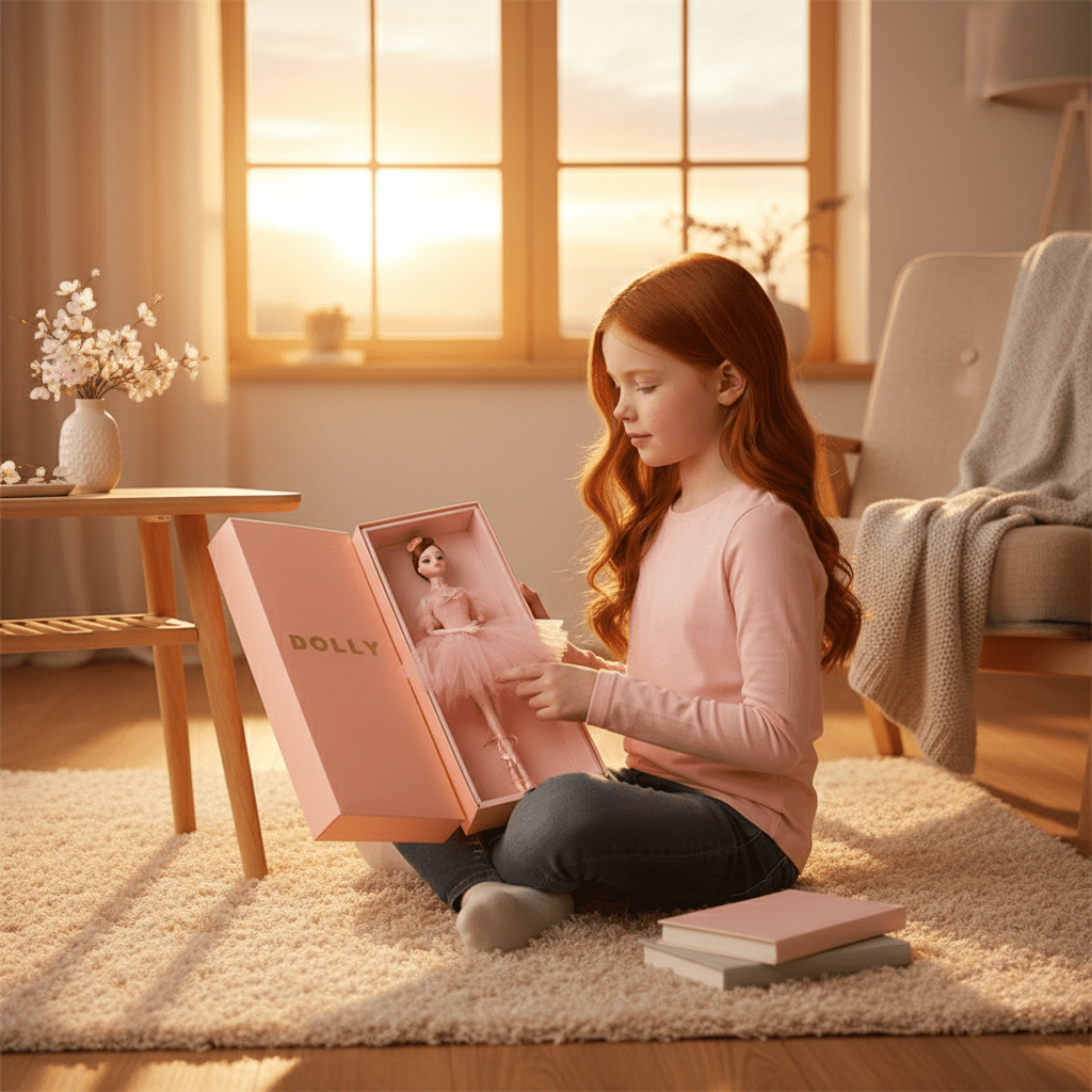 Young girl opening a Dolly doll box in a cozy room with warm lighting.