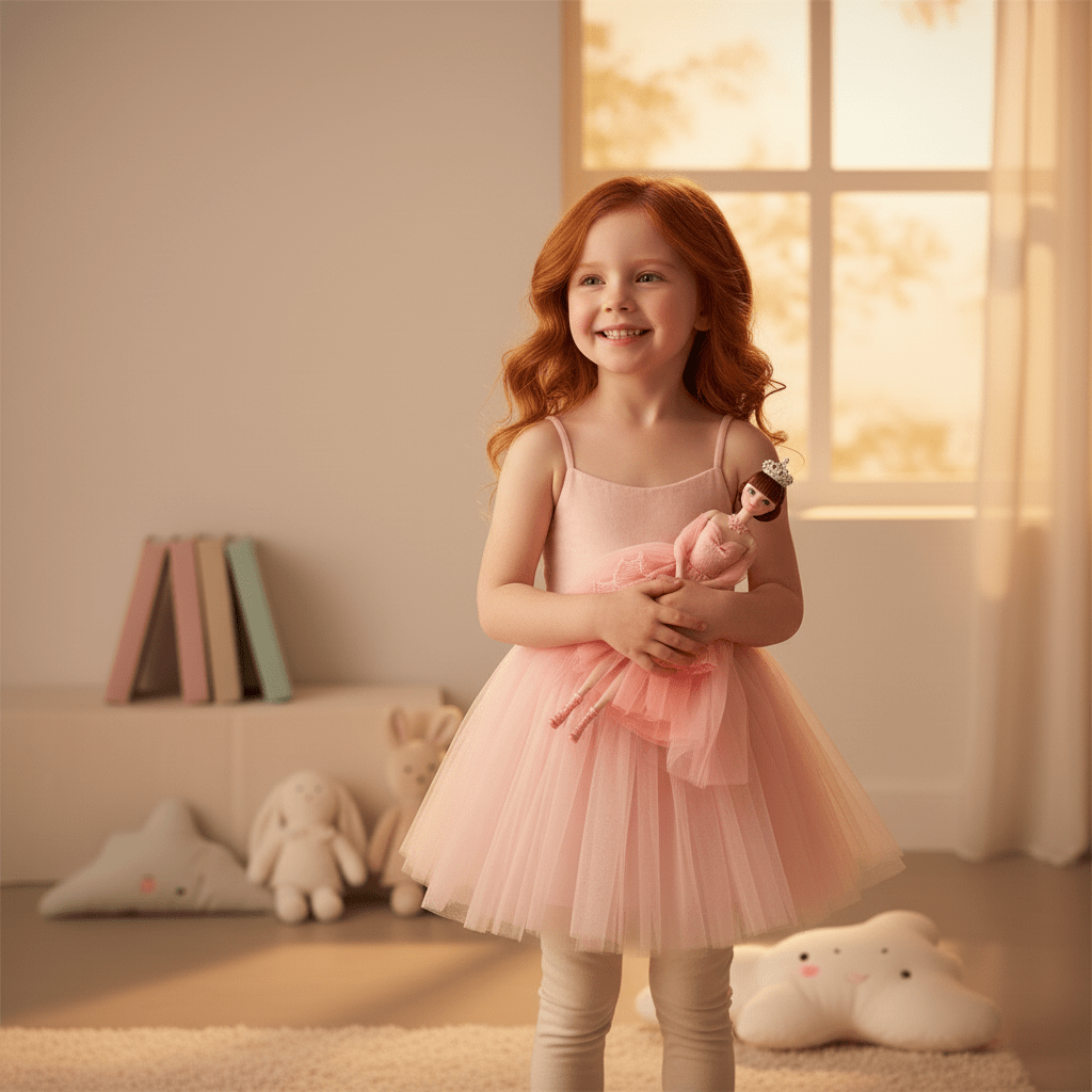 Young girl in a pink dress holding a teddy bear in a softly lit room.