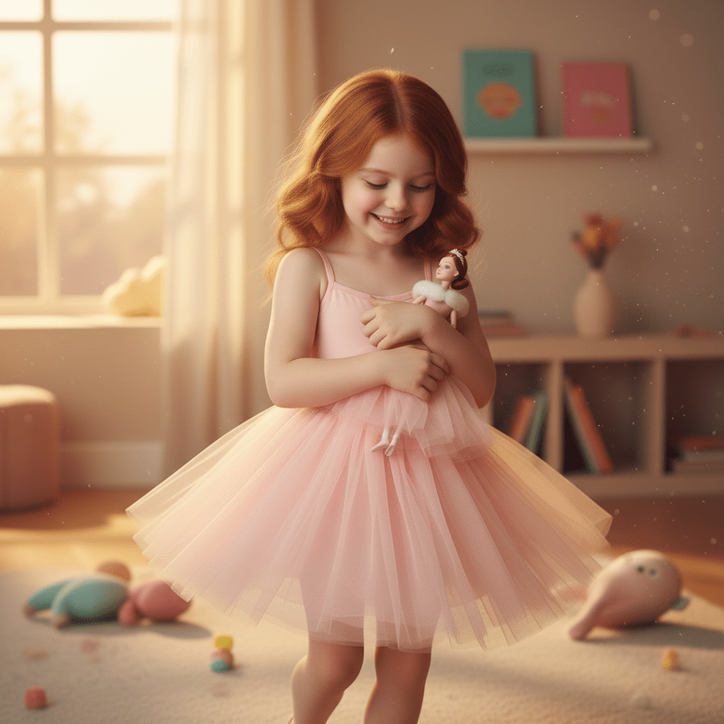 Young girl in a pink dress holding a doll in a cozy room with toys around.