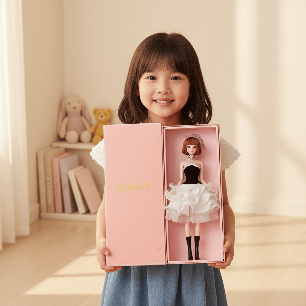 Girl holding box with DOLLY ballerina fashion doll