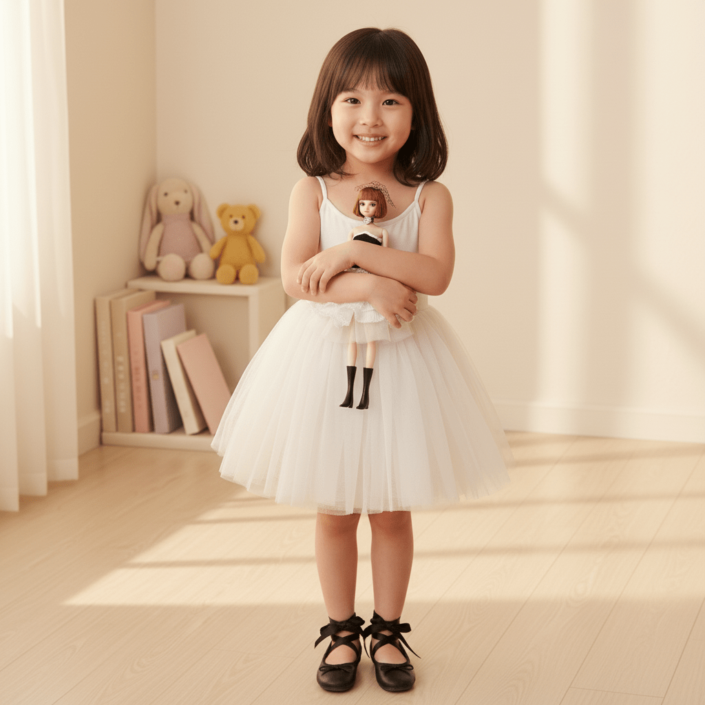 Young girl in a white dress holding a doll in a softly lit room with teddy bears and books in the background.