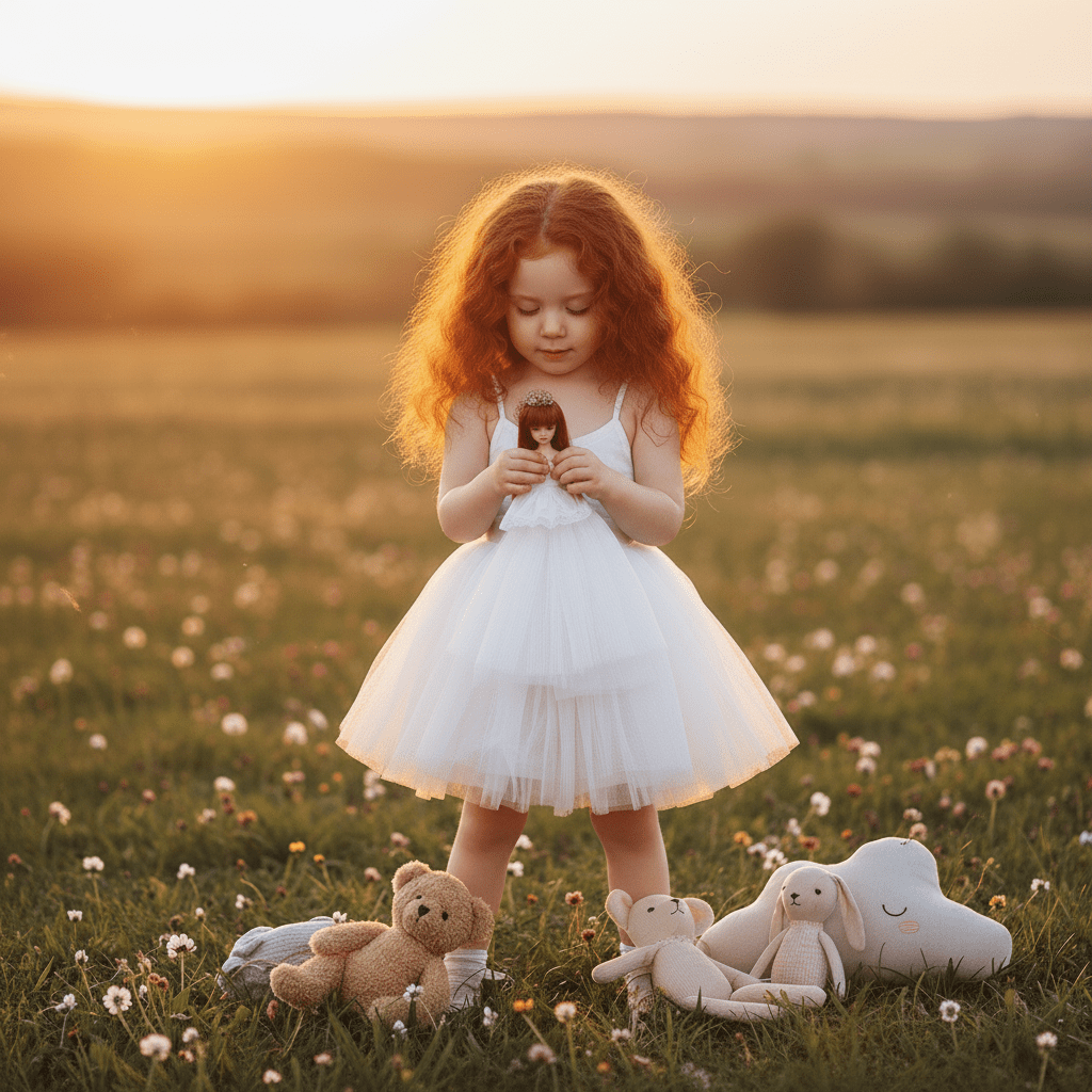 Young girl in a white dress holding a doll in a field with stuffed animals at sunset.