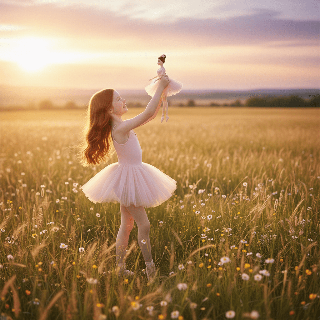 Woman in a white dress holding a white flower in a field at sunset