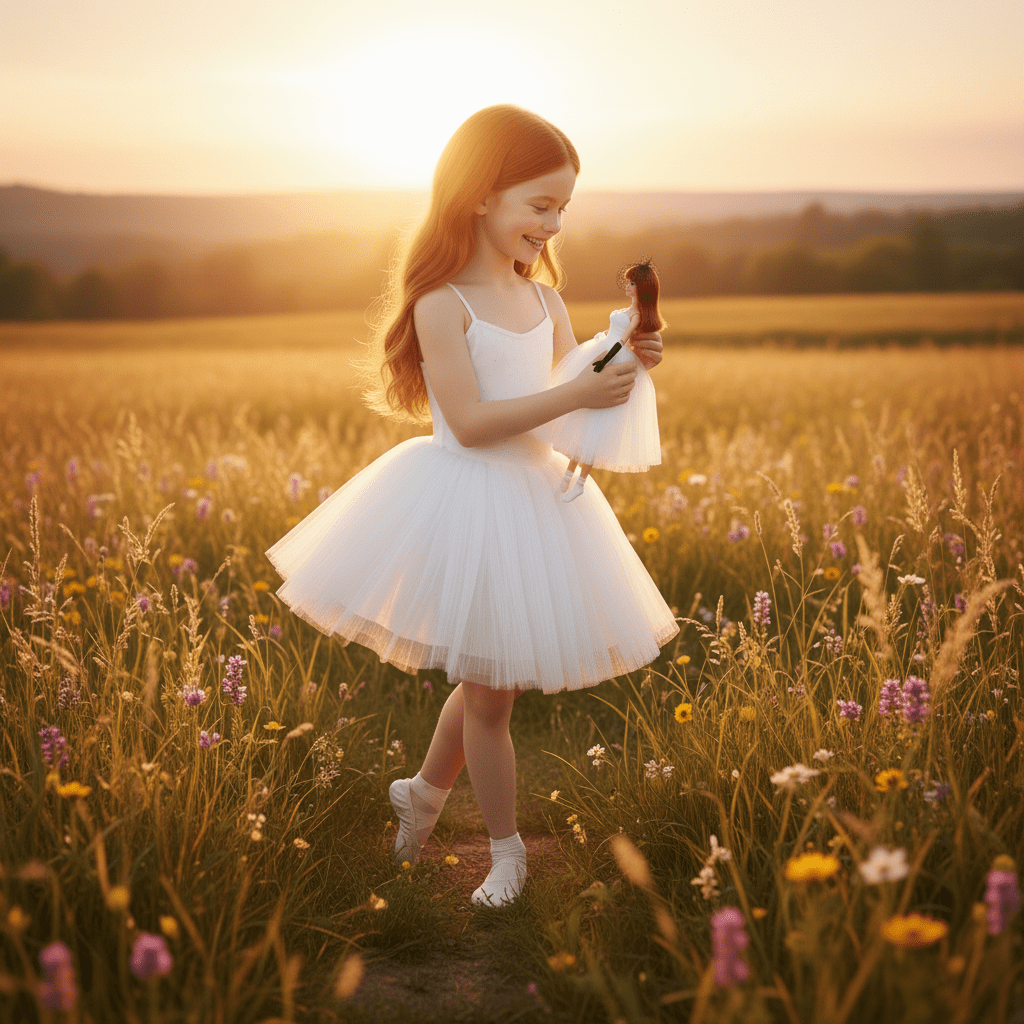 Young girl in a white dress standing in a field of flowers at sunset