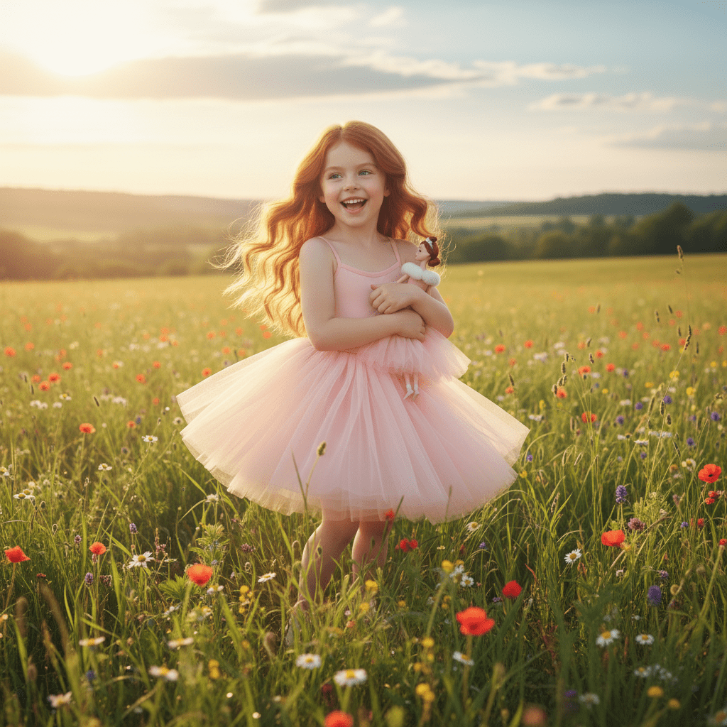 Young girl in a pink dress standing in a field of flowers with a sunset in the background